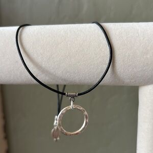 “Karma” Silver Circle Ring Necklace Hammered‎ Thai Silver Black Leather Cord NWT
